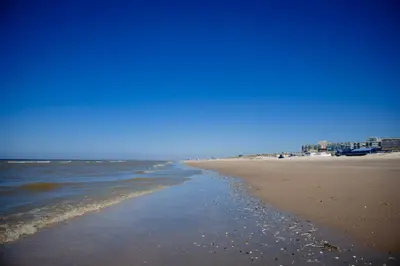 a sandy beach with the ocean and buildings in the background at Sea Cottage Zandvoort in Zandvoort