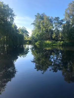 a river with trees reflecting in the water at De Weideblom in Schermerhorn