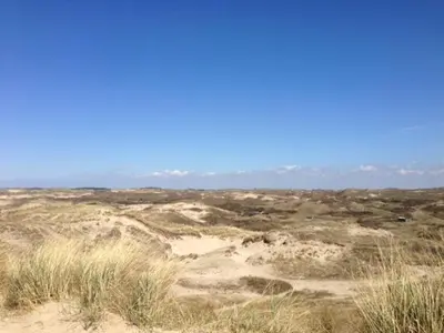 a field of sand and grass with a blue sky at Westenwind in Egmond aan Zee