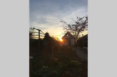 a sunset in a yard with a house at Romantic Dutch hideaway in Jisp