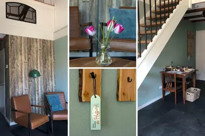a collage of photos with a vase of flowers and stairs at B&B De Hoffstal in Sassenheim