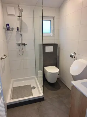 a bathroom with a shower and a toilet and a sink at Klein Heemshof - Noord Holland aan uw voeten in Warmenhuizen