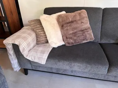 a couch with two fuzzy pillows on it at Finca Noordwijk met privé tuin, dichtbij strand in Noordwijk