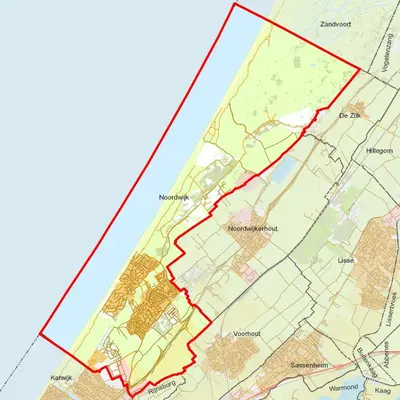 a map with a red line on it at Finca Noordwijk met privé tuin, dichtbij strand in Noordwijk