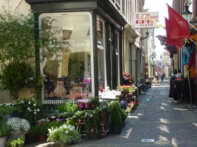 a street with a bunch of flowers in front of a store at RITCH Aparthotel Alkmaar in Alkmaar