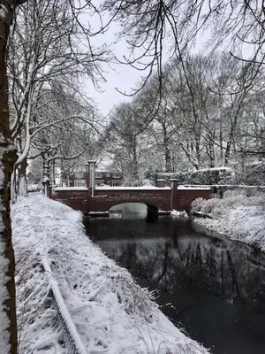 a bridge over a river with snow on the ground at Prins Heerlijk in Sassenheim