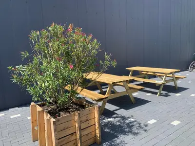 two picnic tables and a bush next to a wall at Apartments Zaanse Schans and Amsterdam in Wormer