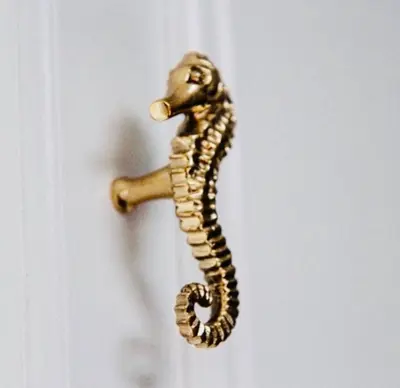 a brass seahorse door handle on a white door at Fabel aan Zee in Zandvoort