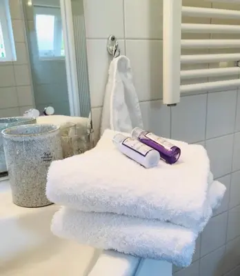 a pile of towels sitting on a bathroom sink at ''Op Stok