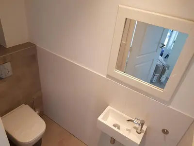 a bathroom with a toilet and a sink and a mirror at Villa Amsteldijck (8km from Amsterdam) in Ouderkerk aan de Amstel