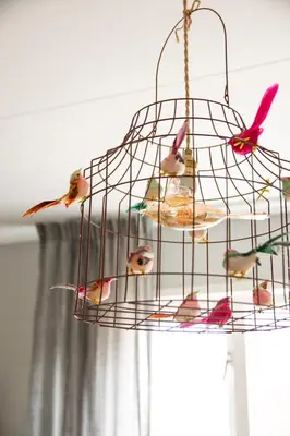 a bird cage filled with birds on a ceiling at huisje de Strandjutter in Katwijk aan Zee