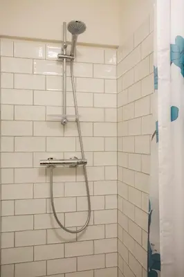 a shower with a shower head in a bathroom at Slapen bij Jesse in Broek in Waterland