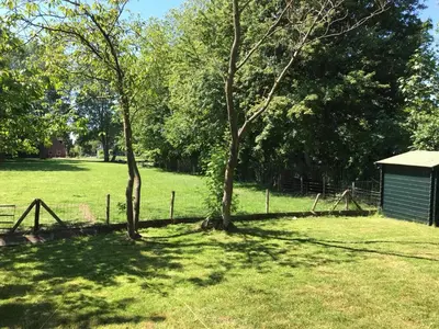 a fence in a field with trees and a shed at The Slow in Zuidoostbeemster