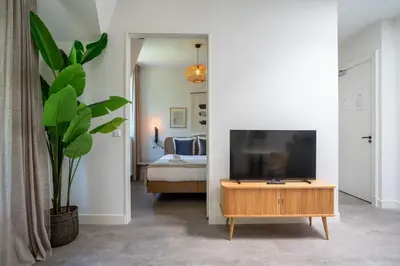 a living room with a tv and a table with a plant at Utrecht City Apartments - Maliesingel in Utrecht