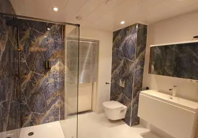 a bathroom with a toilet and a glass shower at The Blue Dodo in Zandvoort