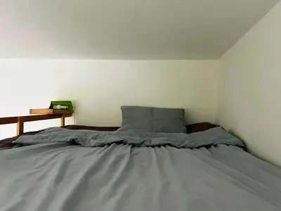 a bed in a corner of a room at Marijke's guestroom in Amsterdam