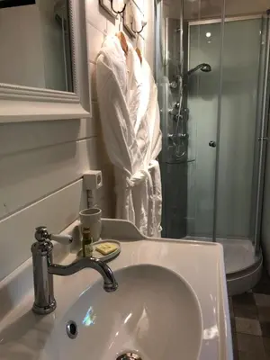 a bathroom with a sink and a shower at Bed & Breakfast Zevenhuizen in Zevenhuizen