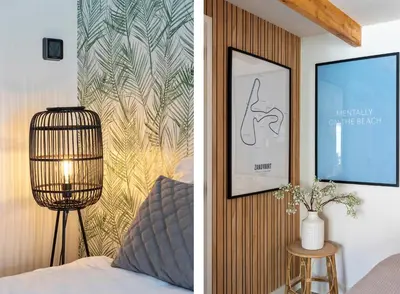 two pictures of a bedroom with a bed and a poster at Oasis Studio- Free Parking in Zandvoort