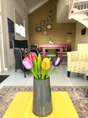 a vase with flowers on a table in a living room at Tulpenhoek in Akersloot