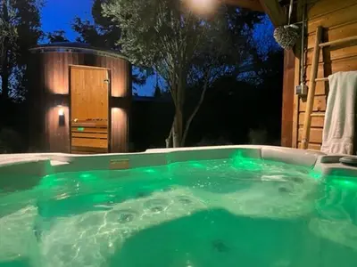a hot tub with green water in a backyard at Wellness Bungalow Bolder 5p Amsterdam and the beach in Opmeer