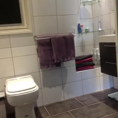 a bathroom with a toilet and purple towels at Beemster Experience in Middenbeemster