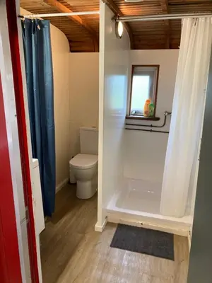 a bathroom with a toilet and a shower curtain at B&B Zunderdorp in Amsterdam