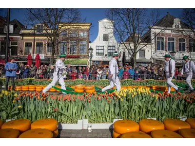 a group of people walking through a display of flowers at Appartement RoMi in Koedijk