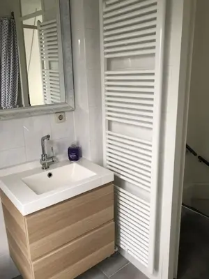 a bathroom with a white sink and a mirror at Have a nice stay! - Holiday Home de Witte Raaf with garden and hottub in Noordwijk aan Zee