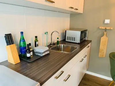 a kitchen counter with a sink and a microwave at Beach House Parallel in Noordwijk