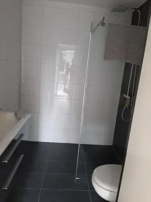 a bathroom with a shower with a toilet and a sink at Zomerhuis Carolina in Egmond aan Zee