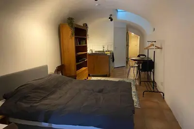 a bedroom with a bed and a desk in a room at Werfkelder aan de Oudegracht in Utrecht