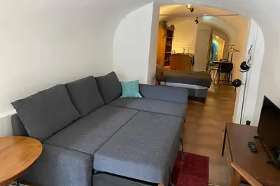 a living room with a gray couch and a table at Werfkelder aan de Oudegracht in Utrecht
