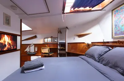 a bedroom with a bed and a fireplace and a tv at Anna Houseboat in Amsterdam