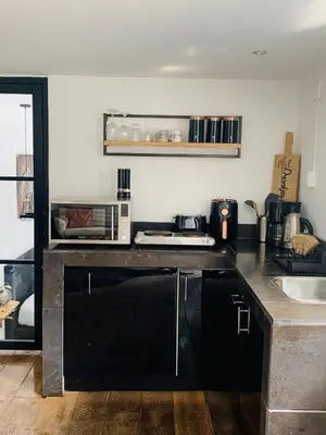a kitchen with a counter top with a microwave at Finch guesthouse in Zandvoort