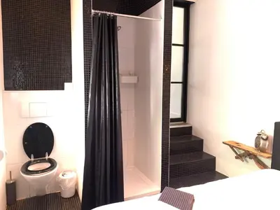 a bathroom with a toilet and a black shower curtain at Finch guesthouse in Zandvoort