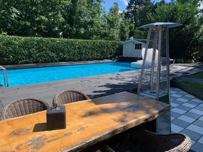 a wooden table with chairs next to a pool at Finch guesthouse in Zandvoort