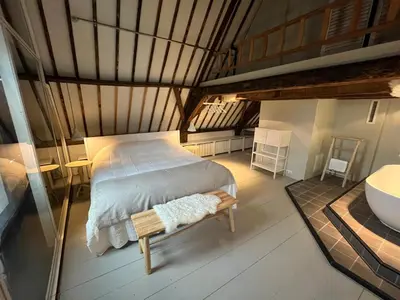 a bedroom with a large bed and a sink at Luttik in Alkmaar