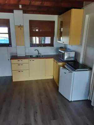 a small kitchen with a sink and a refrigerator at De indiaan in Noord-Scharwoude