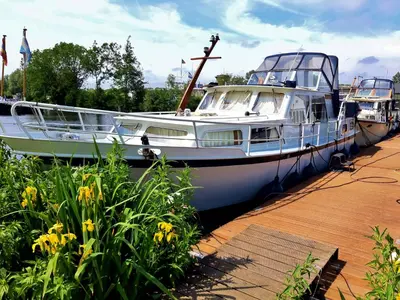 two boats parked next to a dock with flowers at Motor Yacht Amstelle in Amsterdam