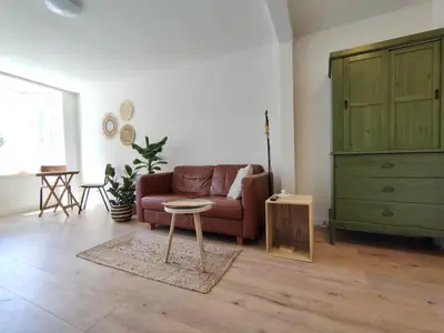 a living room with a couch and a table at Cosy Tiny House 5 min walk Keukenhof included entrance keukenhof in Lisse