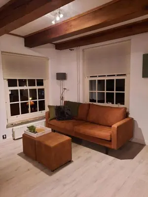 a living room with a brown couch and two windows at Het Schaager Waapen in Alkmaar