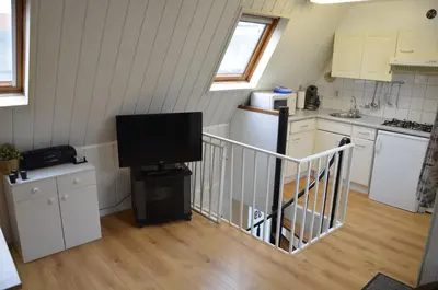 a room with a kitchen and a tv in it at Zomerhuisje achter Torenlicht in Egmond aan Zee