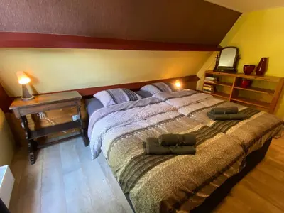 a bedroom with a large bed and a mirror at Uniek vakantiehuisje in rustige en groene omgeving in Nieuwe-Niedorp