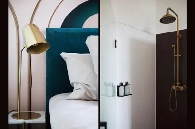 two pictures of a bedroom with a bed and a lamp at MUZE Hotel Utrecht in Utrecht