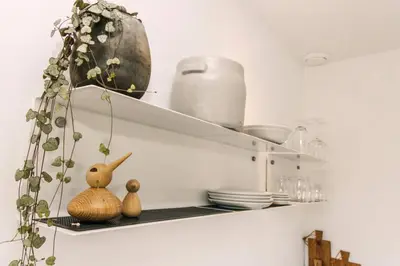 a kitchen with shelves with dishes and a rabbit on them at The Pine Tree House in Zandvoort