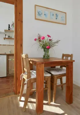a wooden table with a vase of flowers on it at Sea shell with balcony close to the beach, city centre and dunes in Zandvoort
