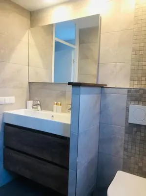 a bathroom with a sink and a mirror and a toilet at Strand Villa Stern Noordwijk in Noordwijk