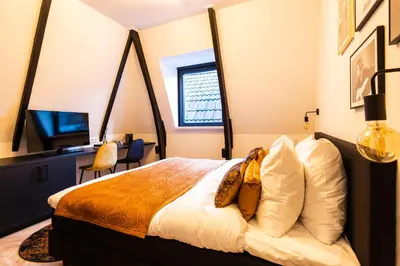 a bedroom with a bed and a desk and a television at Boutique Hotel 43 Amsterdam - Zaandam in Koog aan de Zaan
