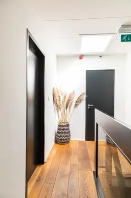 a hallway with a black door and a vase at Hotelroom Villa 1913 in Bergen