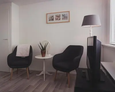 a living room with two chairs and a tv at B&B Het Ruime Sop in Wassenaar